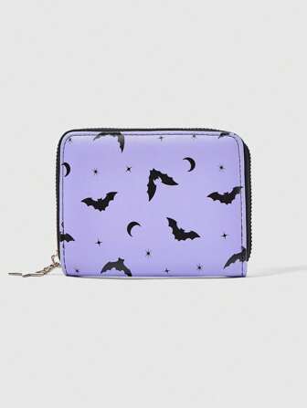 Goth Gothic Dark Bat Print Compact Wallet