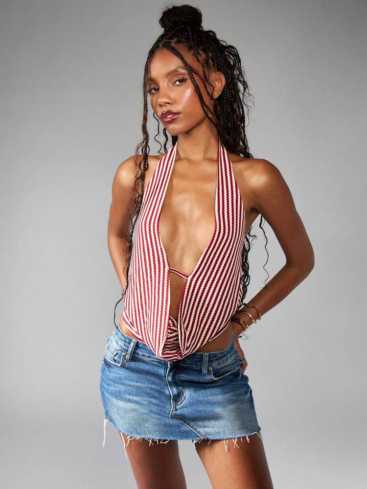 MISSGUIDED Halter Neck Striped Bandeau Tie Back Summer Festival Beach Party Holiday Cropped Tank Top Beachwear Resort Casual Fashion Retro Style Christmas