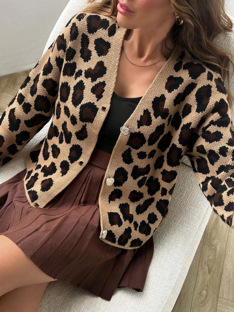 EURMUSE Women Leopard Pattern Gold Button V-Neck Cardigan - Multicolor - View 1