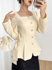 Modelyn 女士优雅方领长袖蝴蝶结腰部郁金香下摆西装外套