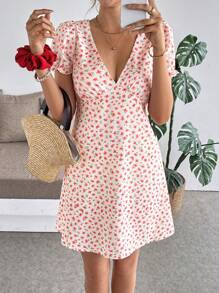 INAWLY Váy ngắn tay họa tiết hoa cổ chữ V giản dị cho nữ đi nghỉ - trái cam - Xem 6