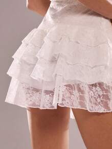 SHEIN BAE Váy mini thanh lịch màu đỏ rượu vang với viền ren hoa, tay dài, viền bèo nhún, thích hợp cho buổi tối hẹn hò, đi hộp đêm, tiệc sinh nhật, ngày lễ tình nhân - trắng - Xem 7