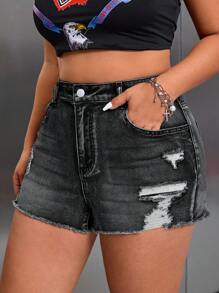 SHEIN ICON Plus Size Distressed Ripped Skinny Denim Shorts - Dark Grey - View 5
