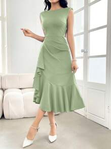 Modelyn Women's Solid Color Sleeveless Ruffle Lace Trim Bodycon Dress Long Evening Dresses - Green - View 5