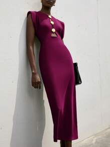 Aveloria Modichic Vestido con hebilla metálica hueca en la cintura y hombros dramáticos para mujer - Morado - Ver 3