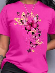 T-shirt col rond manches courtes imprimé papillon, style décontracté pour femmes. T-shirt à motifs pour femmes en été