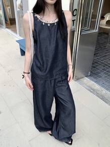 DAZY Women's Summer Bohemian Sequined Patchwork Sleeveless Top And Loose Casual Wide Leg Pants 2 Pieces Suit, Vacation Style