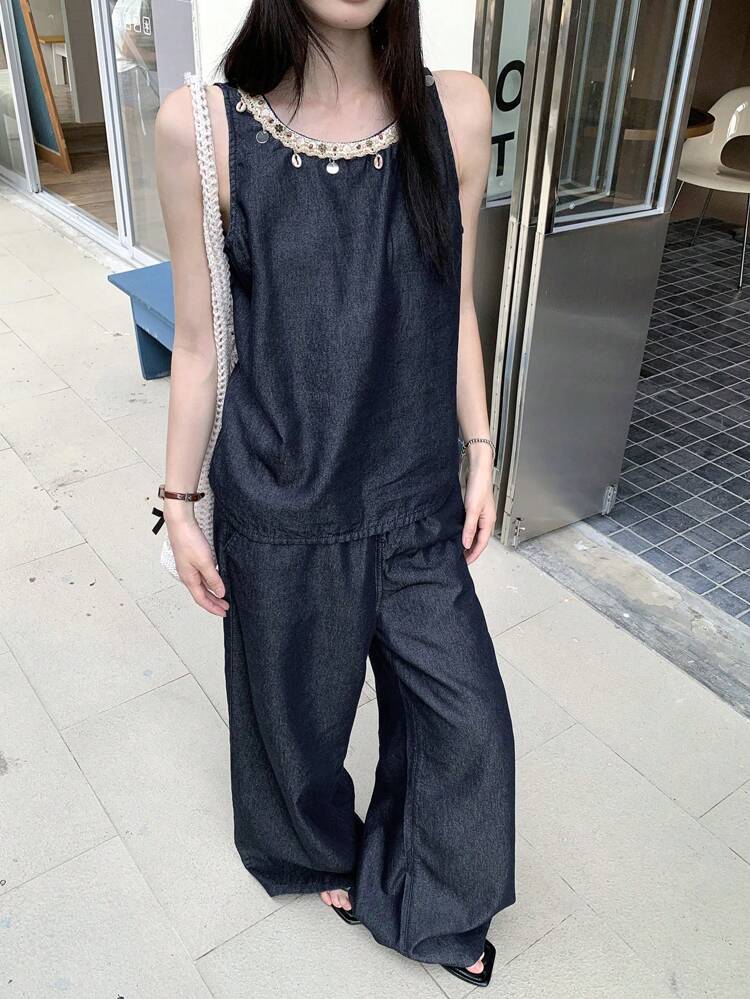 Women's Summer Bohemian Sequined Patchwork Sleeveless Top And Loose Casual Wide Leg Pants 2 Pieces Suit, Vacation Style