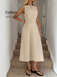 Easowa Crew Neck Waist Gather Ruched A-Line Dress, Casual Resort Elegant Midi Dress For Women, Spring/Summer, Cotton Fabric Drop Waist Dress Old Money Style Women Island Vacation Outfits Summer Dresses For Women Vacation Outfits Women Strapless Dress Airport Outfit For Women Boho Dress Women,Business Casual Woman Business Women Attire - Apricot - View 7