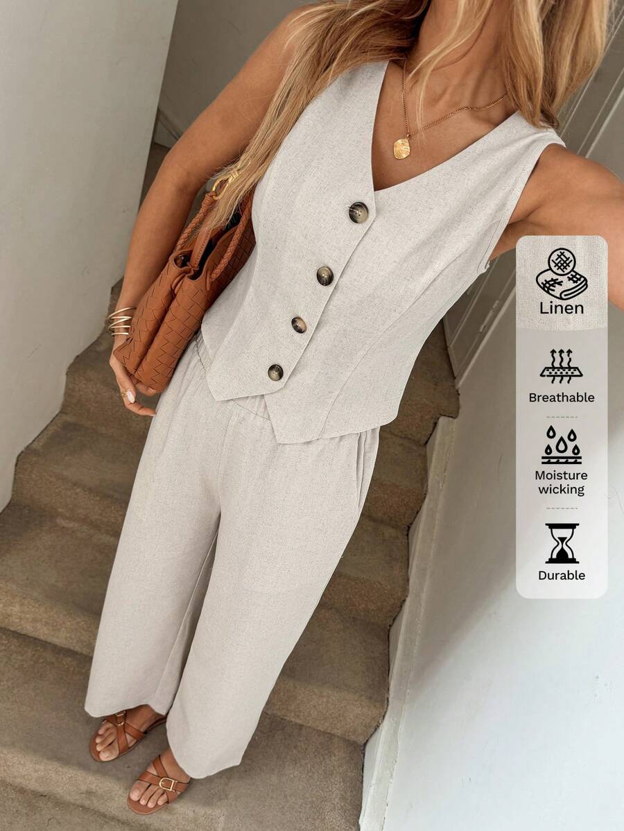 SHEIN LUNE 女士休闲条纹无袖上衣和条纹裤套装节日夏季波西米亚风复古货币女士夏季服装春假狂欢服装节日春假服装棉质 - 杏色 - 查看 1