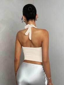 Glamine 性感露背褶饰纯色吊带上衣，适合外出、派对、度假 - 米色 - 查看 2