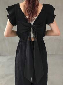 FRIFUL 女士纯色荷叶边短袖宽松阔腿连体裤，休闲短袖夏季露背连体裤，黑色连体裤，黑色透视上衣系带露背连体裤，黑色露背上衣 - 黑色 - 查看 2