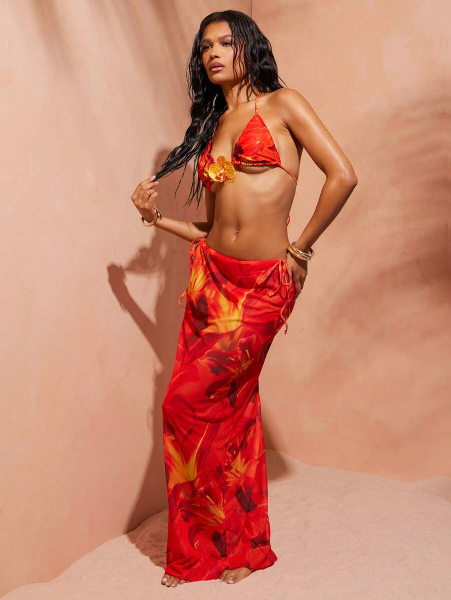 Hauture Jupe longue cache-maillot d'été pour femme avec imprimé floral tout-sur-tout et lien sur le côté - Multicolore - Voir 1