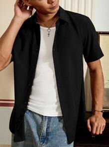 SWAVVY Men's Short Sleeve Woven Casual Shirt For Summer - Black - View 3