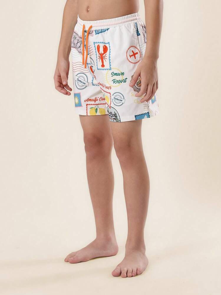Swim Trunks Board Shorts With Stamp Print Retro Postcard Design
