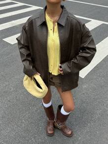 Muchica Áo khoác da nâu cổ điển thời trang dành cho nữ, Xuân/Thu - màu nâu - Xem 3