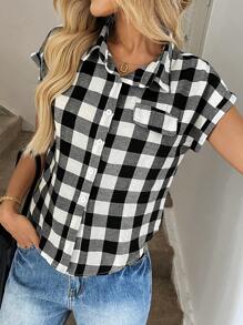 Easowa Buffalo Plaid Rolled Cuff Knot Hem Shirt - Black and White - View 5