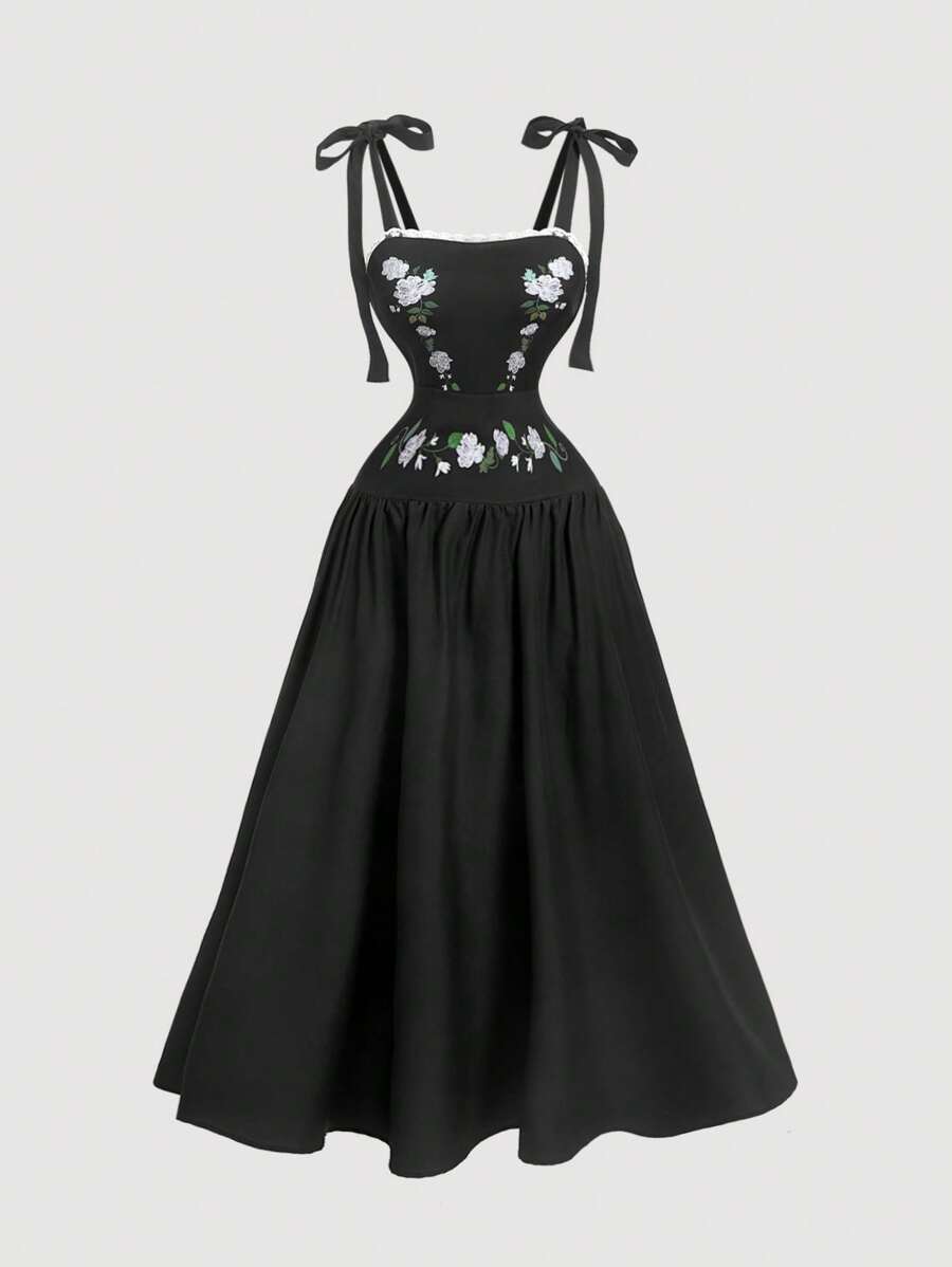 SHEIN MOD Vintage Black Bohemian Floral Print Dress With Back Bowknot – Perfect For Holidays, Dates, Picnics, And Photo Shoots - Black - View 1