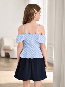 Vestido de línea A con decoración de volantes y moño para niñas preadolescentes con rayas tipo Bardot - Celeste - Ver 9