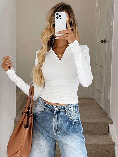 Easowa Camiseta térmica deportiva casual con cuello de polo y pliegues laterales, cómoda para mujer, para otoño/invierno