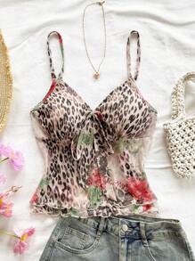 Soleia New Style Vacation Knit Mesh Leopard Print Adjustable Buckle Design Cami Tank Top Cheetah Print Top Floral Print Top Mesh Top, Leopard Print - Multicolor - View 3