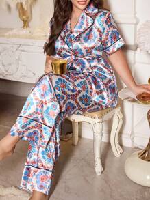 MuseNap CURVE Plus Size Floral Print Lapel Collar Waist Tie Loungewear Set - Multicolor - View 3