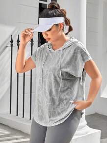 Easithlete Camiseta Esportiva com Capuz e Cordão na Cintura, Estampa Geométrica, Manga Curta, para Mulheres Plus Size, Parte Superior Solta para Exercícios, Top Esportiva Solta, Roupas de Academia para Mulheres, Camisetas Esportivas Femininas - Cinza Claro - Visão 3