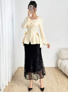 Modelyn 女士优雅方领长袖蝴蝶结腰部郁金香下摆西装外套