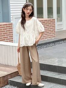 Dazy Kids Teen Girl Girl Crew Neck Woven Short Sleeve Shirt And Long Pants Set, Summer - Apricot - View 5