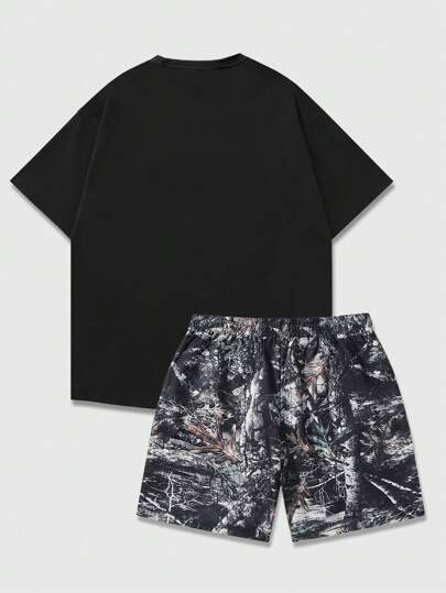 Street Life 2pcs Plus Size Women Street Style American Portrait Chain & Branch Graphic Print Shorts Set