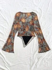 Soleia Blusa larga de manga abullonada con estampado floral bohemio, cordón y bajo asimétrico, adecuada para fiesta, cita, festival de música, té de la tarde, como interior o exterior