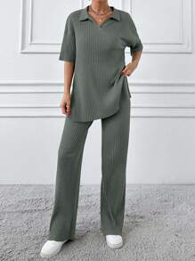 EURMUSE Cotton Two Pieces Set Polo Neck Top And Pant Set Rib Knit Fabric - Green - View 5