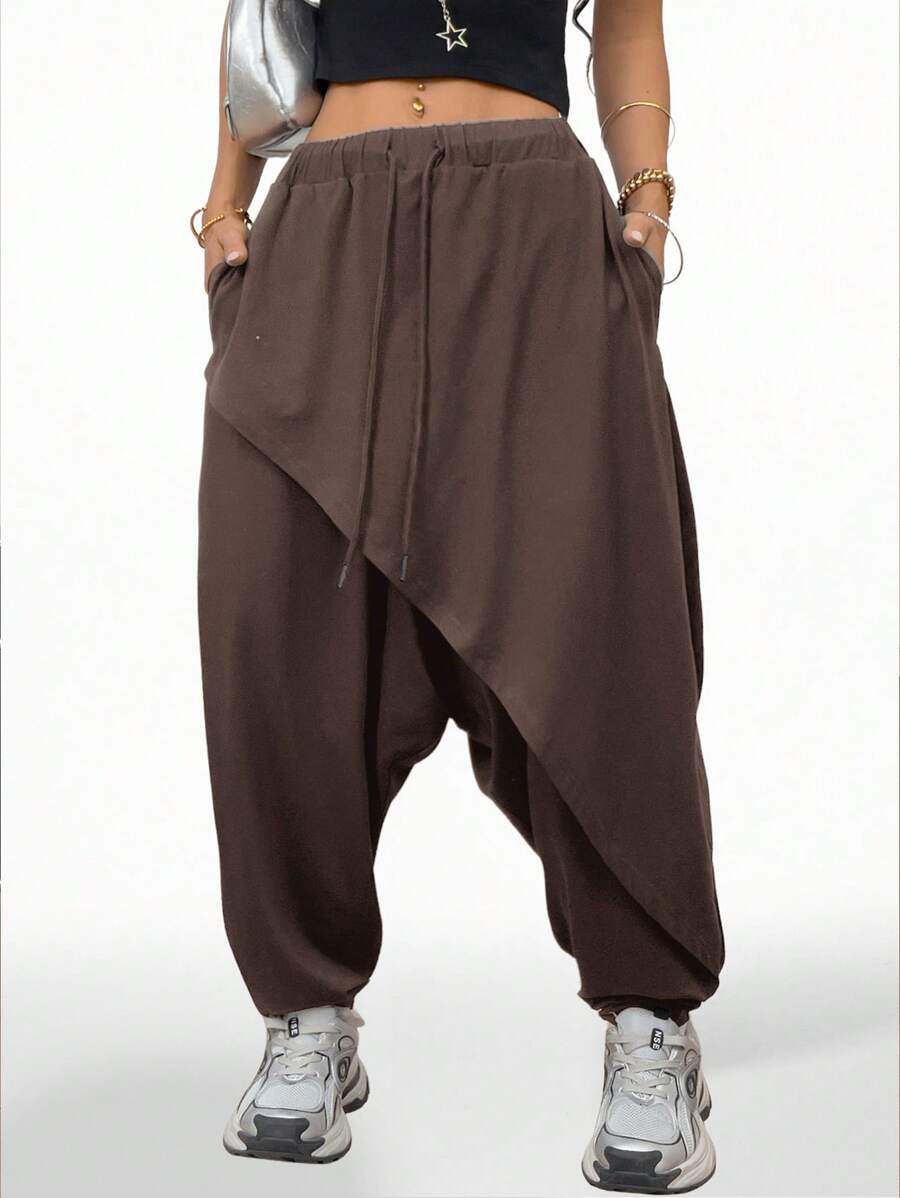 Coolane Women's & Men's Summer Streetwear Casual Sport Hip-Hop Vintage Comfortable Multi-Pleat Crotch Pants - Brown - View 1