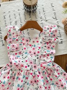 LMoss Kids Vestido tejido con decoración de mariposa, volantes y estampado floral pequeño para niña joven