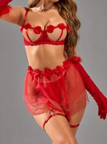 SpicyHot 5pcs Women Sexy Mesh Underwire Bra Set, For Christmas - Red - View 3
