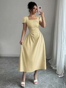 Elenzga 女士优雅法式纯色方领收腰修身休闲度假下午茶泡泡袖迷你连衣裙 - 淡黃色 - 查看 7