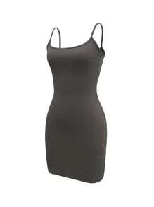 INAWLY Gaun Mini Cami Slim Fit Warna Polos Musim Panas untuk Wanita - Grey - View 4