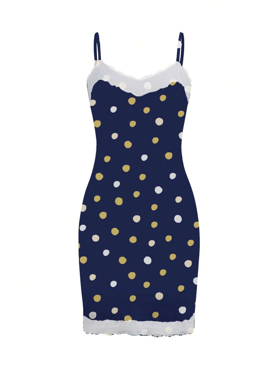 Shutterstock Gaun Mini Wanita Pas Badan Motif Polkadot Blok Warna untuk Liburan Musim Panas - Biru - View 1