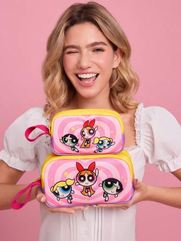 THE POWERPUFF GIRLS X SHEIN Borsa portaoggetti, borsa per il trucco, borsa digitale, borsa da viaggio, porta piccoli oggetti, adatta per vacanze e viaggi, con stampe a forma di cuori e fiori.