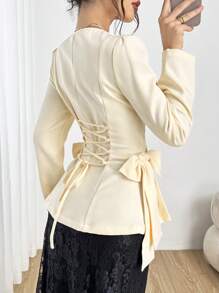 Modelyn 女士优雅方领长袖蝴蝶结腰部郁金香下摆西装外套