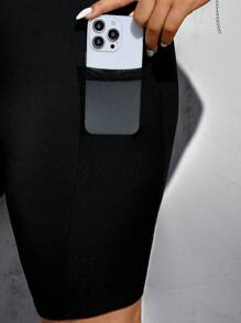 SHEIN Essnce 大码女式春夏时尚休闲运动高弹力舒适基本百搭日常黑色机车短裤带口袋，女式下装，街头服饰，曲线短裤，外出服，Y2k 服装，慢跑裤，骑行短裤