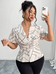 Elenzga 大码女式扭结交叉V领修身几何线条衬衫 - 杏色 - 查看 6