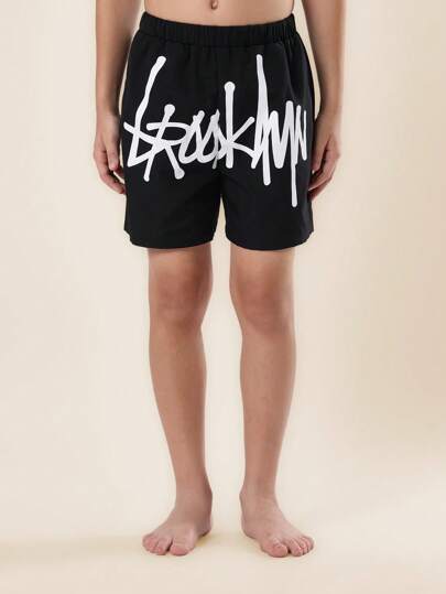 SUMWON Brooklyn Graffiti Swim Shorts Summer Beach Surf Pool Skate Style Elastic Waist Swimwear Board Shorts Water Activities Vacation Wear