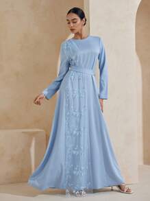 Graceveil Đầm nữ dệt bóng, thêu họa tiết, thiết kế eo. - Màu xanh lam - Xem 1