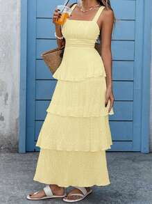 SHEIN VCAY Plus Size Women Solid Color Ruffle Hem Spaghetti Strap Dress, Vacation Wear,Wedding Guest Dress