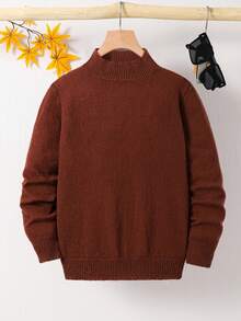 SHEIN Tween Boy Solid Color Turtleneck Pullover Sweater,Back-To-School Casual School Shades Of Brown,Autumn Winter Versatile Outdoor Gathering Knitwear - Brown - View 2