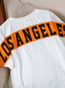 青少年男孩休闲韩版图案字母印花拼色圆领短袖上衣，适合通勤、上学、日常休闲装、运动、春夏秋冬