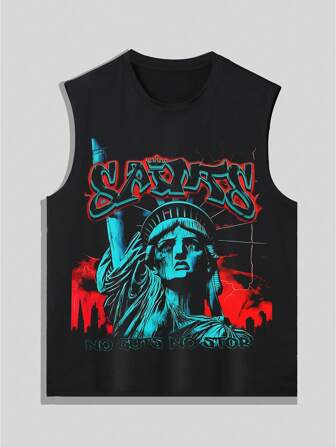 Goth Men's Casual Loose Letter Saint Jesus Printed Round Neck Tank Top