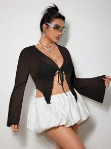 SHEIN ICON Icon Plus Size 纯色系带前开襟荷叶边网纱 Y2k 上衣，白色，度假，夜店性感 - 黑色 - 查看 5