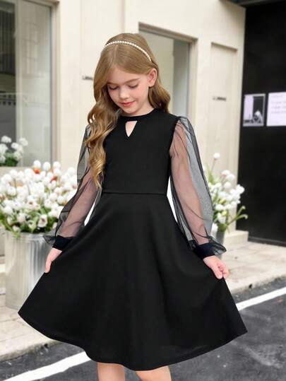 SHEIN Tween Girls Knit & Mesh Contrast Long Sleeve Elegant Bodycon Dress